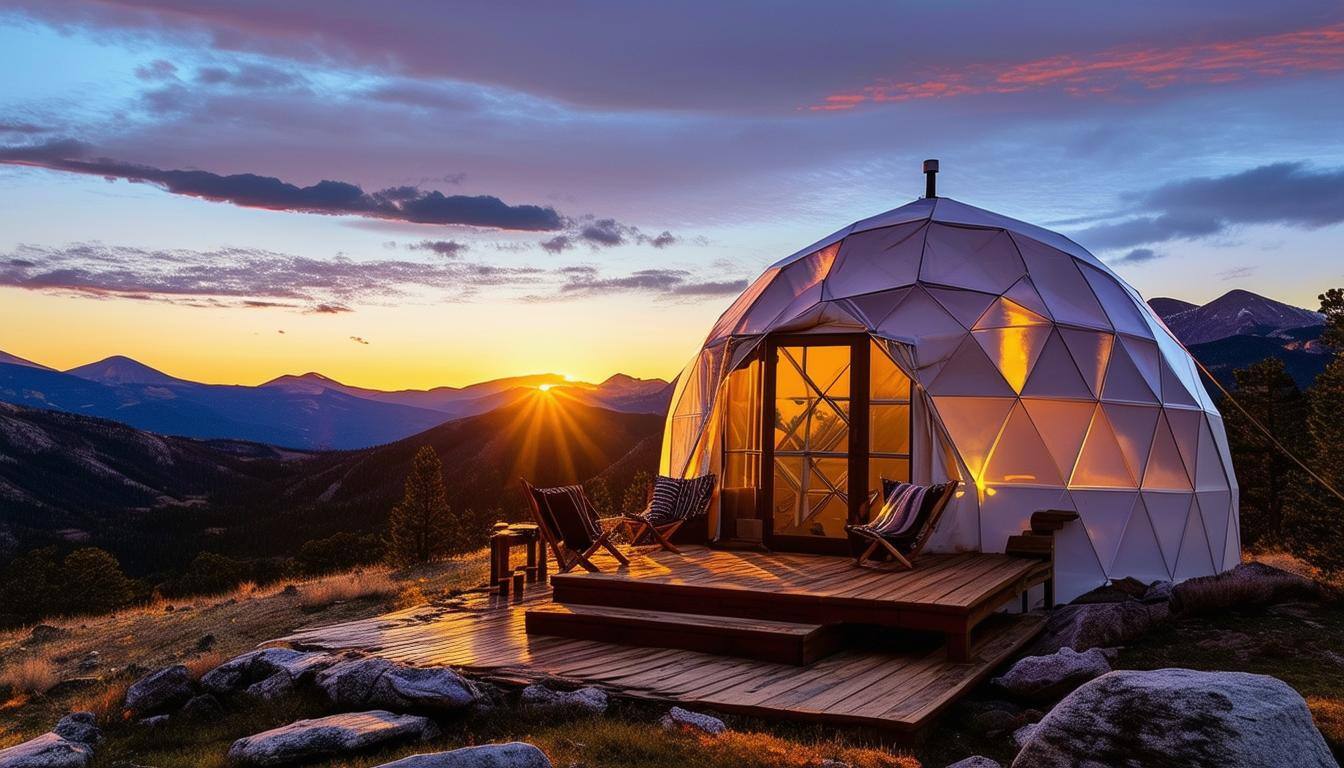 glamping geodesic dome in the Colorado Rocky Mountains with a view at dawn